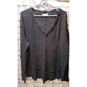 We The Free Dark Gray Fringe Trim Vneck Sweater Top Size Medium